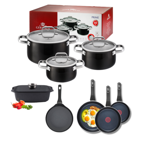 GERLACH PRIME Komplet Garnki z pokrywkami 6 el + patelnie Gerlach Ambiente 20, 24, 28 cm+ Patelnia naleśnikowa 26 cm + Brytfanna 