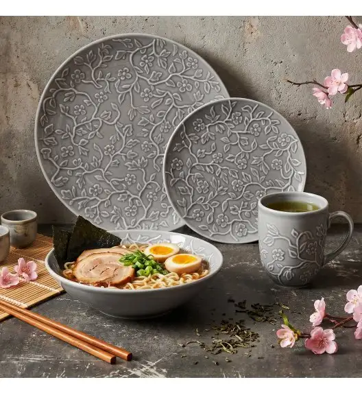 LUBIANA HANAMI K1 SZARY Serwis obiadowy 48 el 12 osób kwiatowy relief 