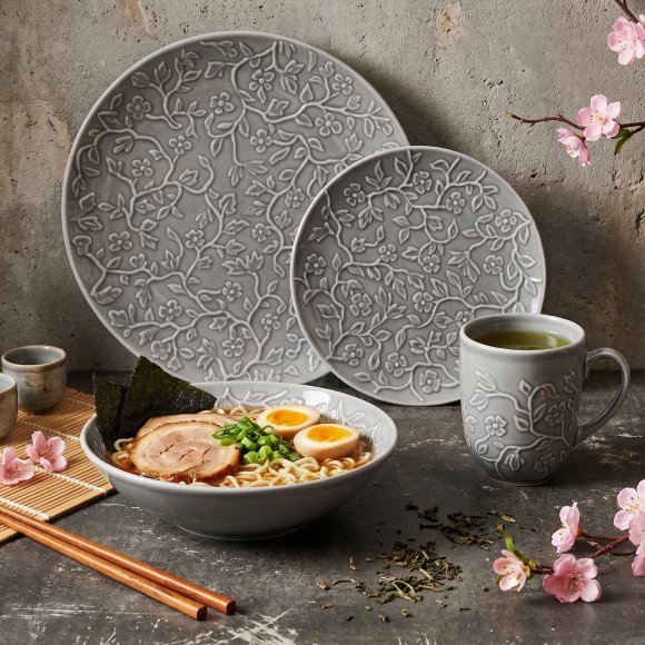 LUBIANA HANAMI K1 SZARY Serwis obiadowy 96 el 24 osób kwiatowy relief 