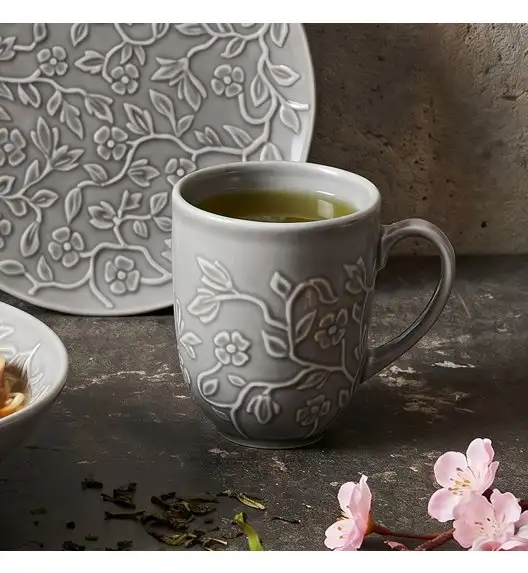 LUBIANA HANAMI K1 SZARY Serwis obiadowy 96 el 24 osób kwiatowy relief 