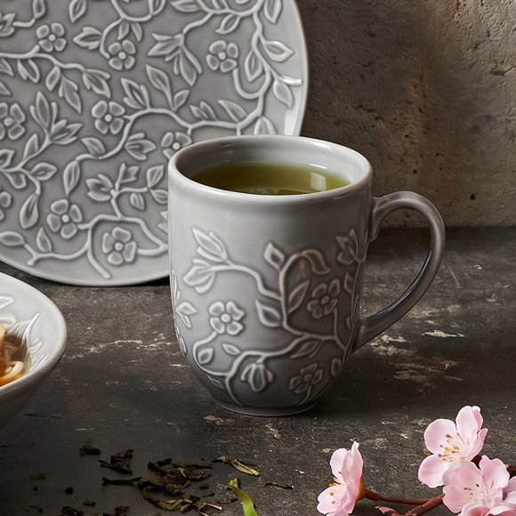 LUBIANA HANAMI K1 SZARY Serwis obiadowy 96 el 24 osób kwiatowy relief 