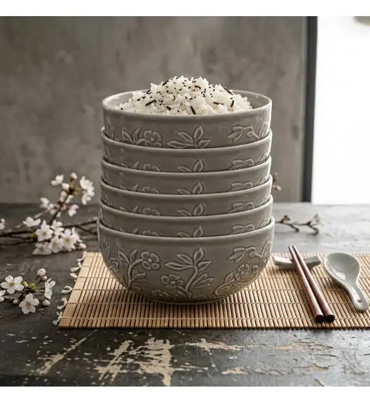 LUBIANA HANAMI K1 SZARY Miska 16 cm x 6 sztuk / zdobiona porcelana luz