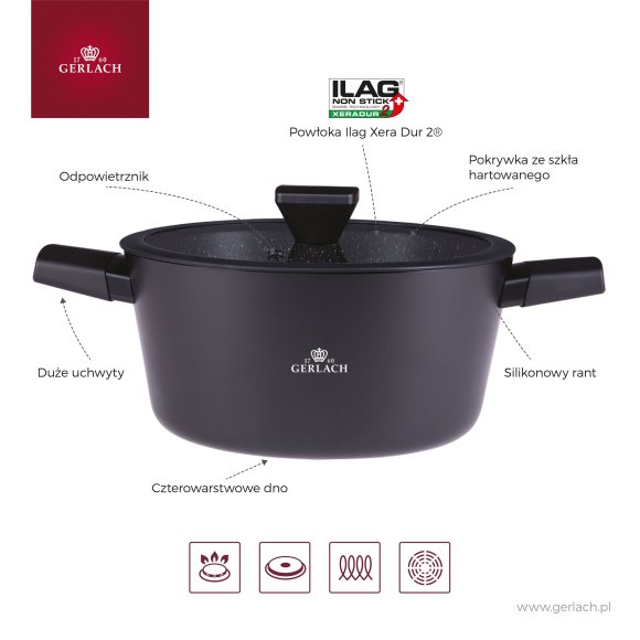 GERLACH GRANITEX Komplet 2 garnki + rondel + 2 patelnie z pokrywkami uni / indukcja 