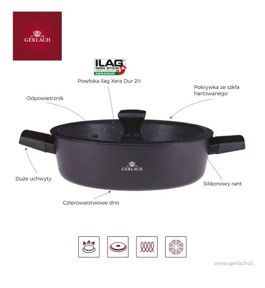 GERLACH GRANITEX Komplet 2 garnki + rondel + 2 patelnie z pokrywkami uni / indukcja 