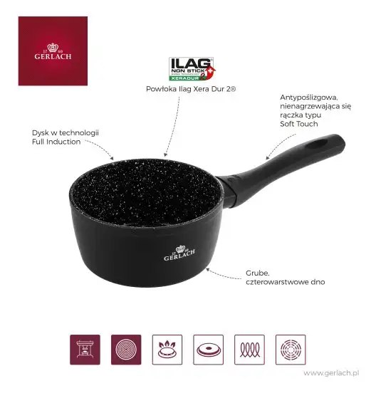GERLACH GRANITEX Komplet 2 garnki + rondel + 2 patelnie z pokrywkami uni / indukcja 