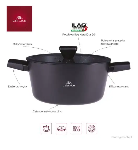 GERLACH GRANITEX Komplet 2 garnki + rondel + 3 patelnie + naleśnikowa / indukcja 