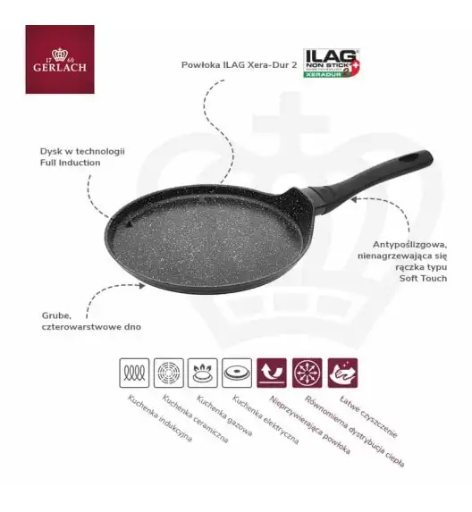 GERLACH GRANITEX Komplet 2 garnki + rondel + 3 patelnie + naleśnikowa / indukcja 