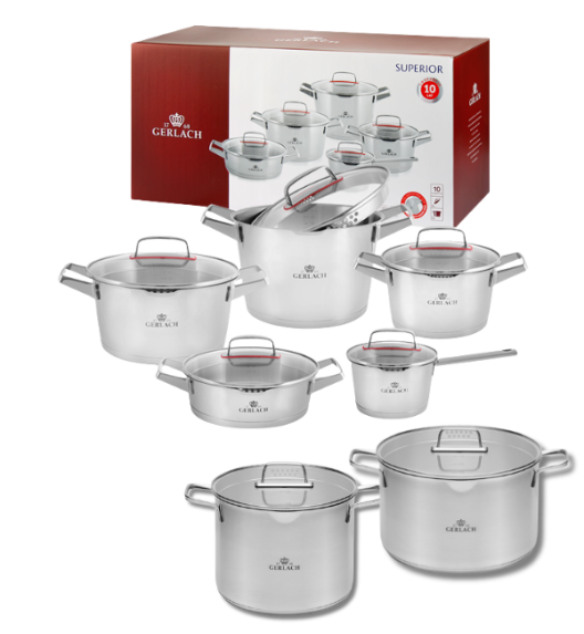 GERLACH SUPERIOR Komplet Garnki z pokrywkami 10 el + Garnek Ambiente 7 l + 10 l
