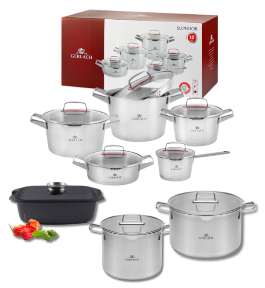 GERLACH SUPERIOR Komplet Garnki z pokrywkami 10 el + Garnek Ambiente 7 l + 10 l + Brytfanna Granitex