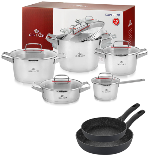 GERLACH SUPERIOR Komplet Garnki z pokrywkami 10 el + patelnie Gerlach Granitex 20, 28 cm 