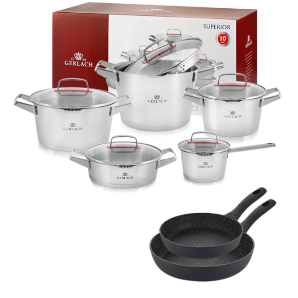 GERLACH SUPERIOR Komplet Garnki z pokrywkami 10 el + patelnie Gerlach Granitex 20, 28 cm 