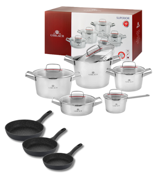 GERLACH SUPERIOR Komplet Garnki z pokrywkami 10 el + patelnie Gerlach Granitex 20, 24, 28 cm 