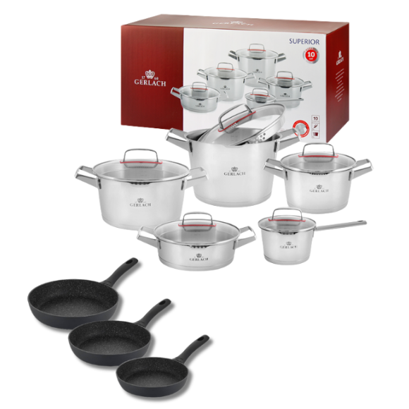 GERLACH SUPERIOR Komplet Garnki z pokrywkami 10 el + patelnie Gerlach Granitex 20, 24, 28 cm 