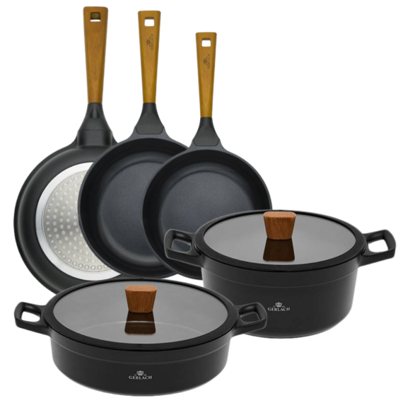 GERLACH NATUR Komplet garnków 24, 28 cm + Patelnie Natur 20, 24, 28 cm / powłoka ILAG Xera Dur 2 Ceramic / indukcja 