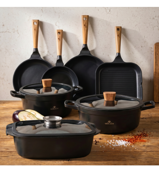 GERLACH NATUR Komplet garnków 24, 28 cm + Patelnie Evo 20, 24, 28 cm + patelnia grillowa 24 cm + Brytfanna Granitex