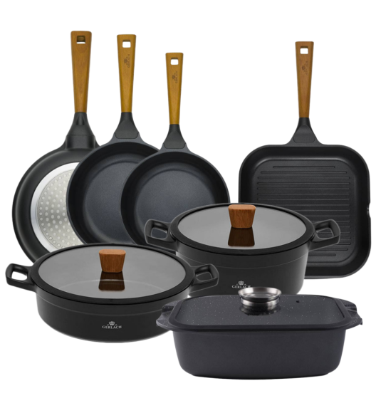 GERLACH NATUR Komplet garnków 24, 28 cm + Patelnie 20, 24, 28 cm + patelnia grillowa 24 cm + Brytfanna Granitex