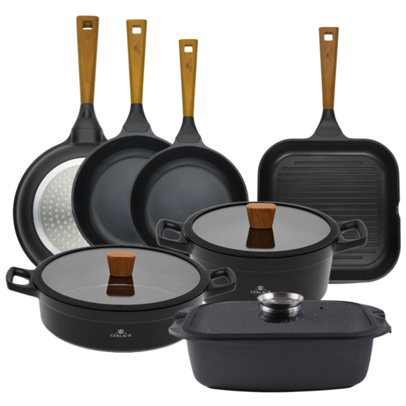 GERLACH NATUR Komplet garnków 24, 28 cm + Patelnie 20, 24, 28 cm + patelnia grillowa 24 cm + Brytfanna Granitex