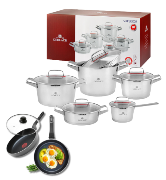 GERLACH SUPERIOR Komplet Garnki z pokrywkami 10 el + patelnie Gerlach Ambiente ThermoCoat 28, 20 cm + pokrywki szklane