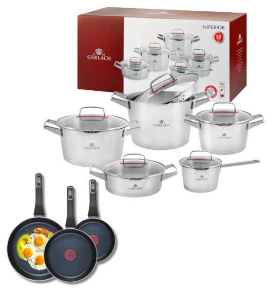GERLACH SUPERIOR Komplet Garnki z pokrywkami 10 el + patelnie Gerlach Ambiente ThermoCoat 20, 24, 28 cm 