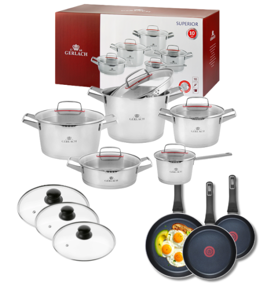 GERLACH SUPERIOR Komplet Garnki z pokrywkami 10 el + patelnie Gerlach Ambiente ThermoCoat 20, 24, 28 cm + pokrywki szklane