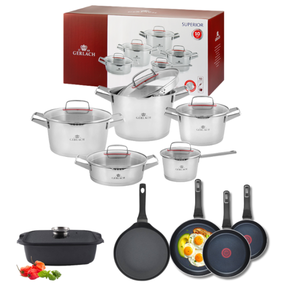 GERLACH SUPERIOR Komplet Garnki z pokrywkami 10 el + patelnie Gerlach Ambiente ThermoCoat 20, 24, 28 cm  + Patelnia naleśnikowa 26 cm+ Brytfanna Granitex