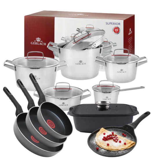 GERLACH SUPERIOR Komplet Garnki z pokrywkami 10 el + patelnie Gerlach Ambiente ThermoCoat 20, 24, 28 cm  + Patelnia naleśnikowa 25 cm+ Brytfanna Granitex