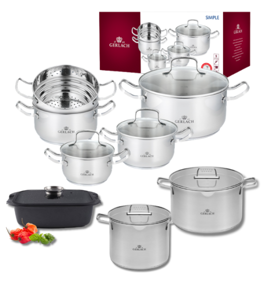 GERLACH SIMPLE Komplet Garnki z pokrywkami 9 el + Garnki Ambiente 7 l i 10 l+ Brytfanna Granitex 