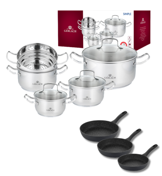 GERLACH SIMPLE Komplet Garnki z pokrywkami 9 el + patelnie Granitex 20, 24, 28 cm 