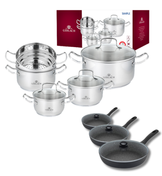 GERLACH SIMPLE Komplet Garnki z pokrywkami 9 el + patelnie Granitex 20, 24, 28 cm + pokrywki szklane