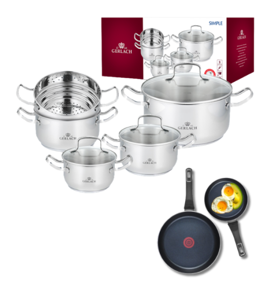 GERLACH SIMPLE Komplet Garnki z pokrywkami 9 el + Patelnie Ambiente ThermoCoat 20, 28 cm 