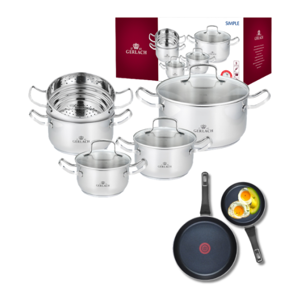 GERLACH SIMPLE Komplet Garnki z pokrywkami 9 el + Patelnie Ambiente ThermoCoat 20, 28 cm 