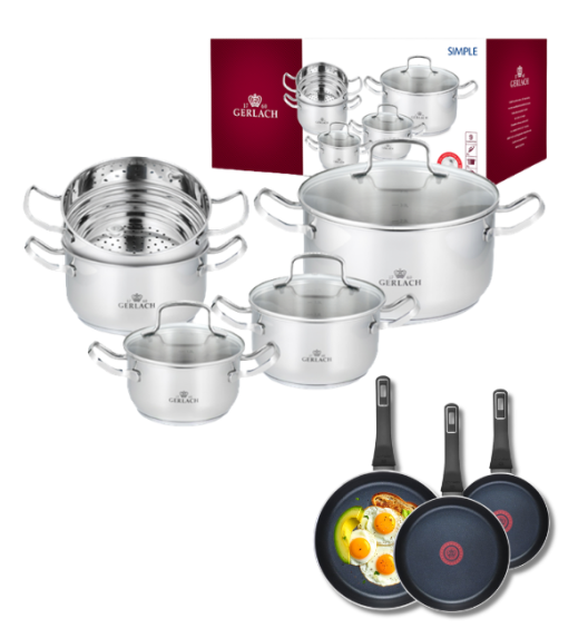 GERLACH SIMPLE Komplet Garnki z pokrywkami 9 el + Patelnie Ambiente ThermoCoat 20, 24, 28 cm 