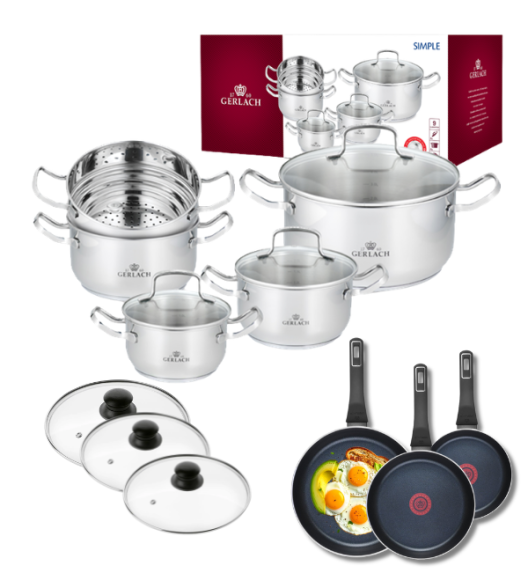 GERLACH SIMPLE Komplet Garnki z pokrywkami 9 el + Patelnie Ambiente ThermoCoat 20, 24, 28 cm + pokrywki szklane