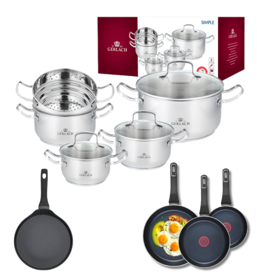 GERLACH SIMPLE Komplet Garnki z pokrywkami 9 el + Patelnie Ambiente ThermoCoat 20, 24, 28 cm + Patelnia naleśnikowa 26 cm