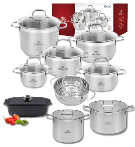 GERLACH SENDO Komplet Garnki z pokrywkami 11 el + garnki Gerlach Ambiente 7l i 10l + Brytfanna Granitex