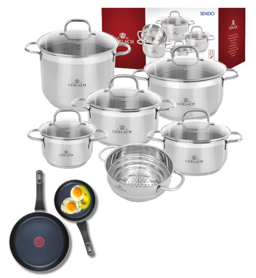 GERLACH Sendo Komplet garnki z pokrywkami 11 el  + Patelnia Ambiente ThermoCoat 20, 28 cm 