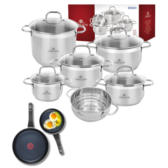 GERLACH Sendo Komplet garnki z pokrywkami 11 el  + Patelnia Ambiente ThermoCoat 20, 28 cm 