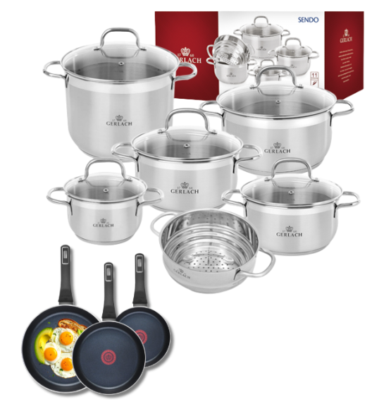 GERLACH Sendo Komplet garnki z pokrywkami 11 el  + Patelnia Ambiente ThermoCoat 20, 24, 28 cm 