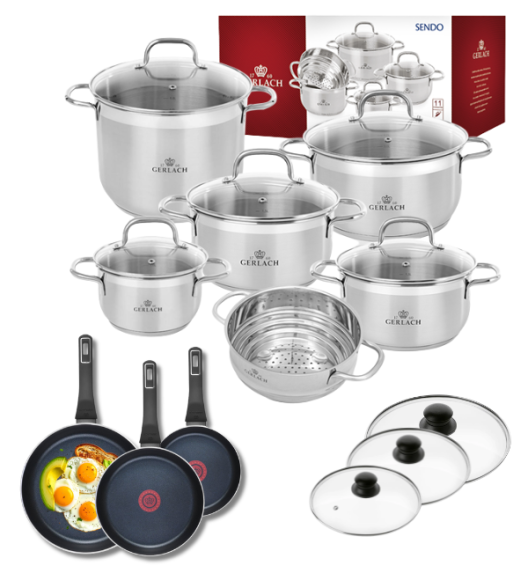 GERLACH Sendo Komplet garnki z pokrywkami 11 el  + Patelnia Ambiente ThermoCoat 20, 24, 28 cm + pokrywki szklane