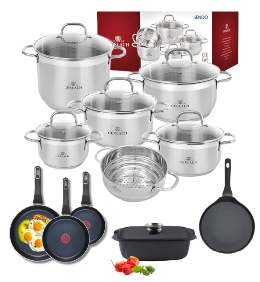 GERLACH Sendo Komplet garnki z pokrywkami 11 el  + Patelnia Ambiente ThermoCoat 20, 24, 28 cm + Patelnia naleśnikowa 26 cm+ Brytfanna Granitex