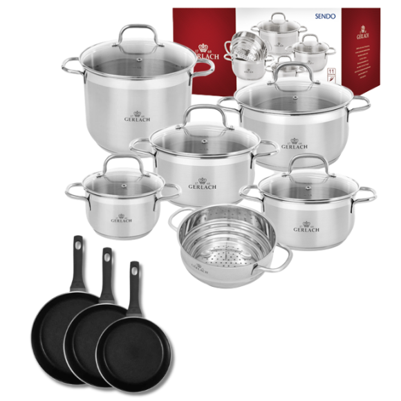 GERLACH Sendo Komplet garnki z pokrywkami 11 el + patelnie Gerlach Harmony Classic 20, 24, 28 cm / stal nierdzewna / indukcja