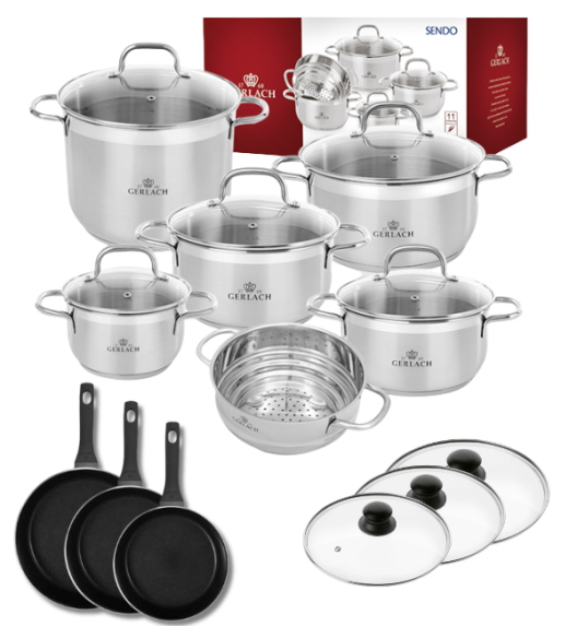 GERLACH Sendo Komplet garnki z pokrywkami 11 el + 2 patelnie Gerlach Harmony Classic 20, 24, 28 cm + pokrywki szklane / stal nierdzewna / indukcja 
