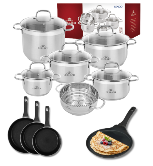 GERLACH Sendo Komplet garnki z pokrywkami 11 el + 2 patelnie Gerlach Harmony Classic 20, 24, 28 cm + Patelnia naleśnikowa 26 cm / stal nierdzewna / indukcja