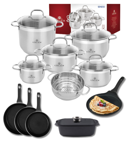 GERLACH Sendo Komplet garnki z pokrywkami 11 el + 2 patelnie Gerlach Harmony Classic 20, 24, 28 cm + Patelnia naleśnikowa 26 cm + Brytfanna Granitex / stal nierdzewna / indukcja