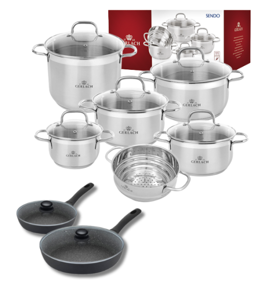 GERLACH Sendo Komplet garnki z pokrywkami 11 el + 2 patelnie Gerlach Granitex 28, 20 cm + pokrywki szklane tadar / stal nierdzewna / indukcja