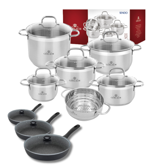 GERLACH Sendo Komplet garnki z pokrywkami 11 el + Patelnie Gerlach Granitex 20, 24, 28 cm + pokrywki szklane / stal nierdzewna / indukcja