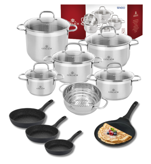GERLACH Sendo Komplet garnki z pokrywkami 11 el + Patelnie Gerlach Granitex 20, 24, 28 cm + Patelnia naleśnikowa 26 cm / stal nierdzewna / indukcja