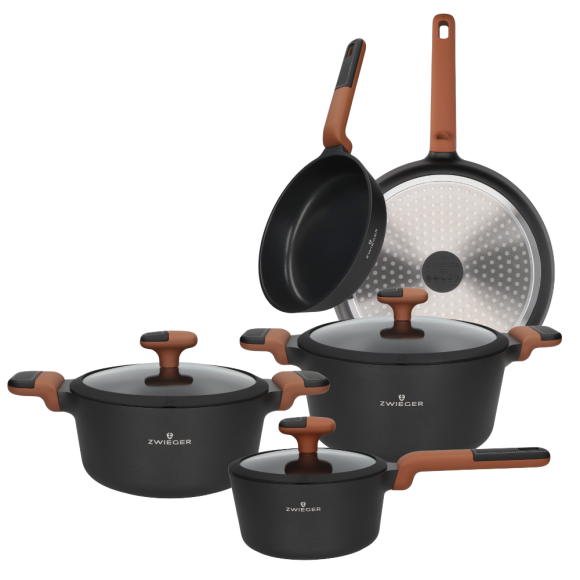 ZWIEGER VERDI Komplet 3 garnków z pokrywkami + 2 patelnie 20, 28 cm / powłoka nieprzywierająca