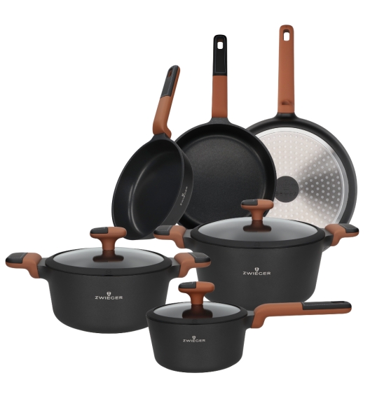 ZWIEGER VERDI Komplet 3 garnków z pokrywkami + 3 patelnie 20, 28 cm / powłoka nieprzywierająca