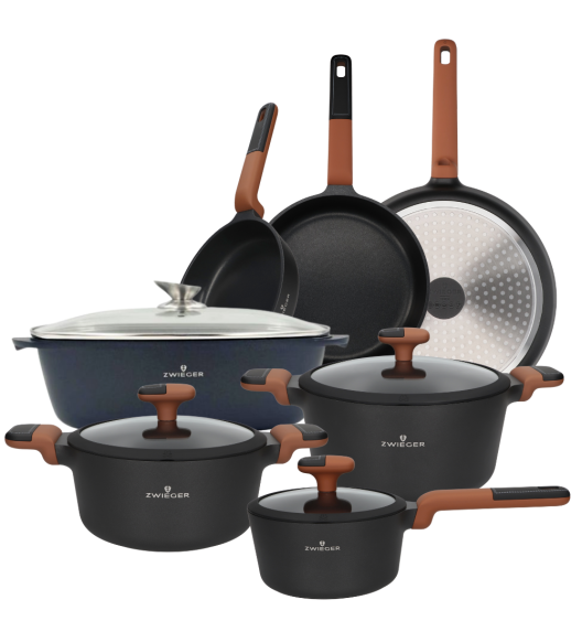ZWIEGER VERDI Komplet 3 garnków z pokrywkami + 3 patelnie 20, 28 cm + Brytfanna / powłoka nieprzywierająca